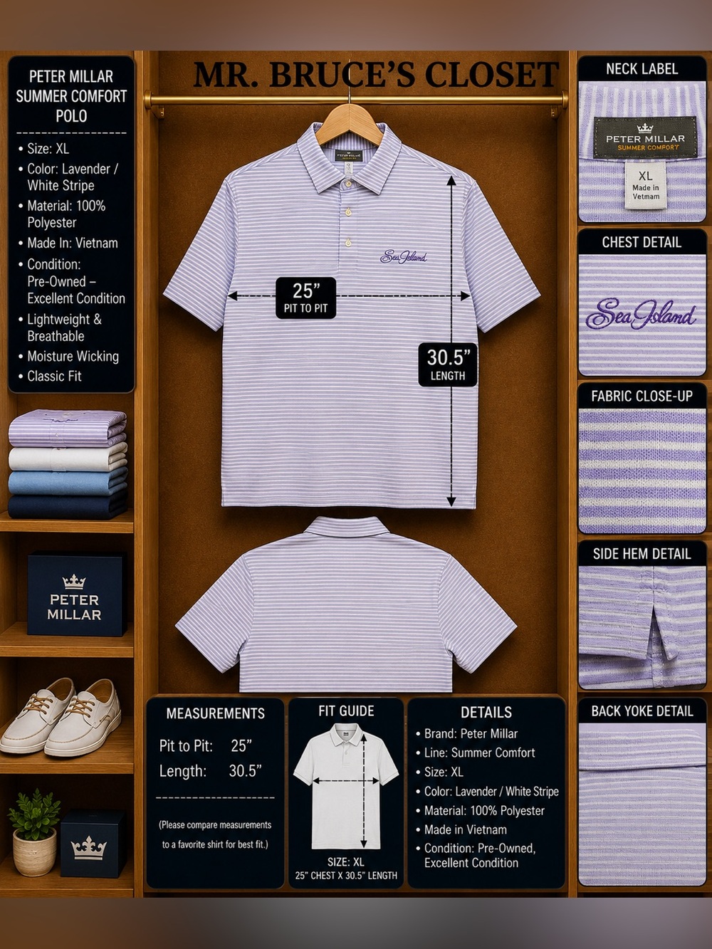 Peter Millar Lavender and White Striped Polo